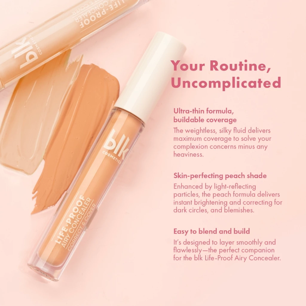 BLK Life-Proof Airy Concealer with product details on a pink background Airy Concealer - Correct & Cover