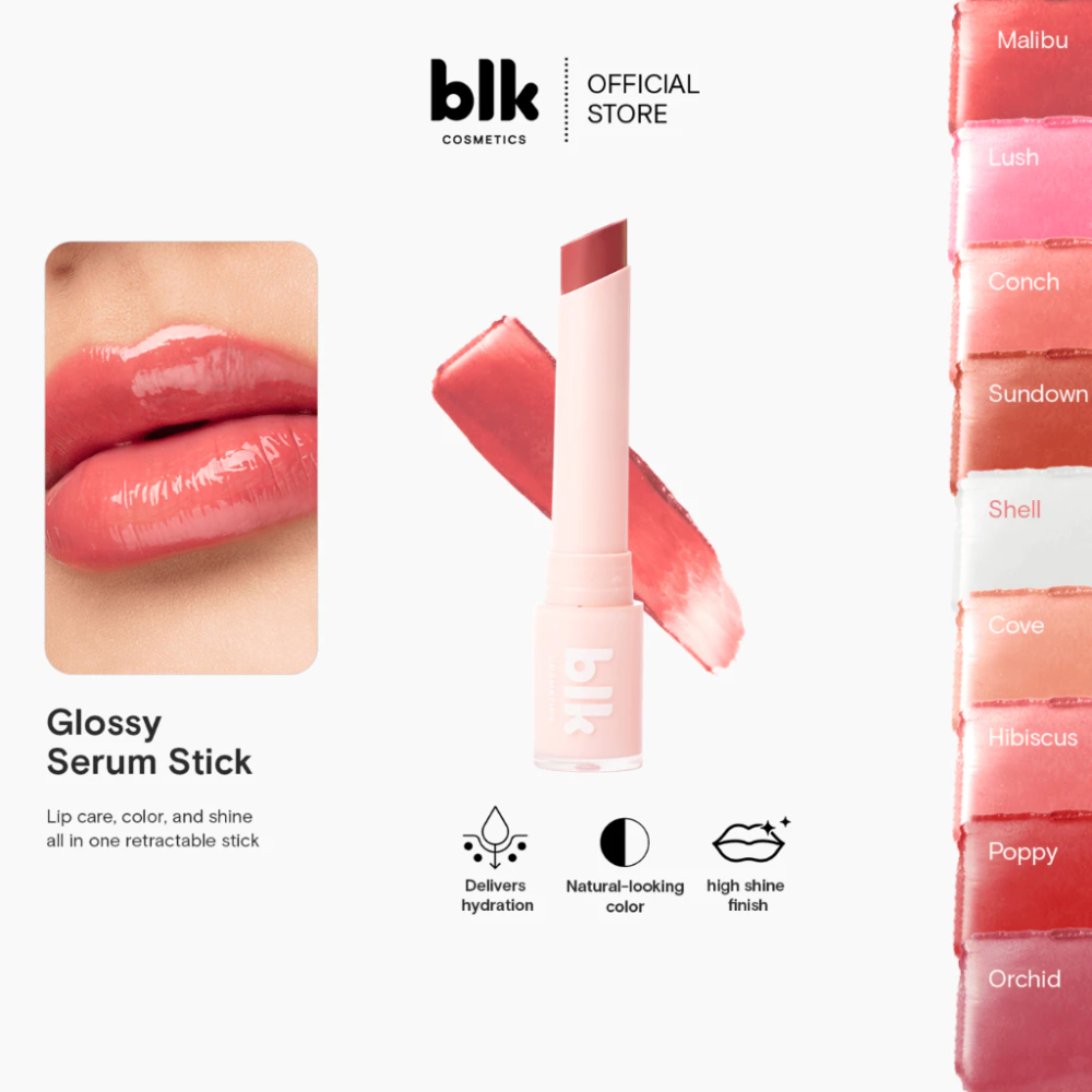 Glossy Serum Stick by blk cosmetics with product and color options on a white background blk cosmetics Glossy Serum Stick