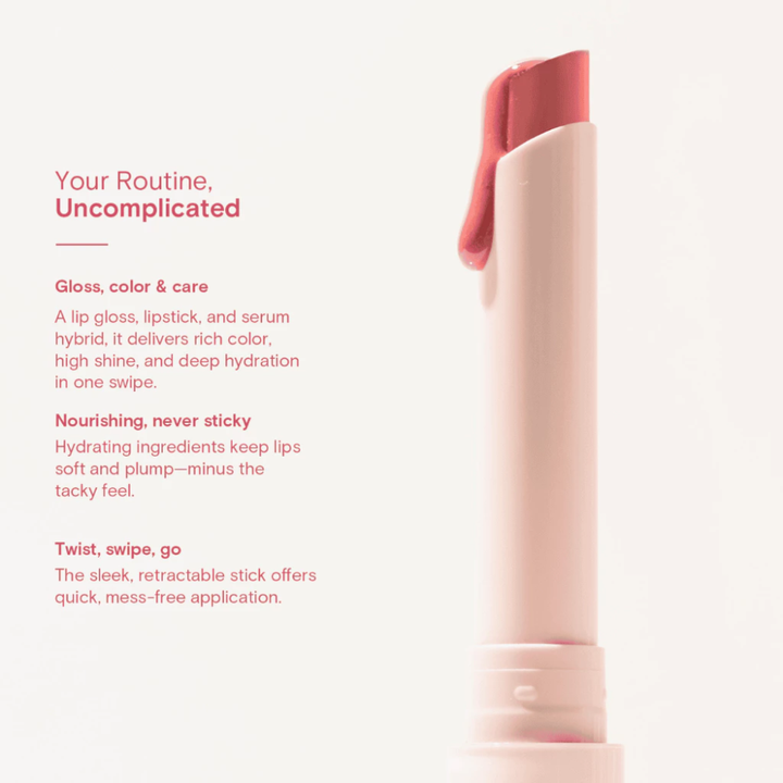 Lipstick with text describing its features on a light pink background blk cosmetics Glossy Serum Stick