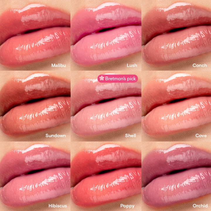 Collage of lip gloss shades on a neutral background blk cosmetics Glossy Serum Stick