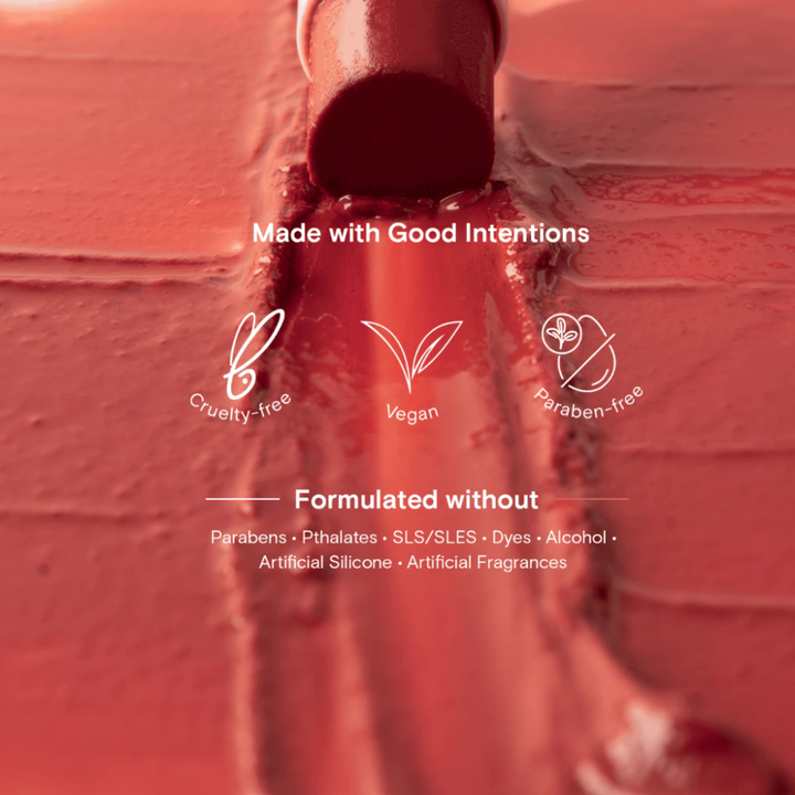 Red bottle with 'Made with Good Intentions' text and icons on a red background blk cosmetics Glossy Serum Stick