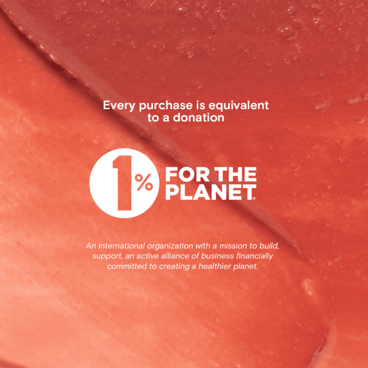 Red background with '1% for the Planet' logo and text blk cosmetics Glossy Serum Stick