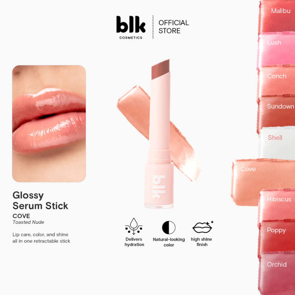 BLK Cosmetics Glossy Serum Stick packaging with color options and product details. blk cosmetics Glossy Serum Stick