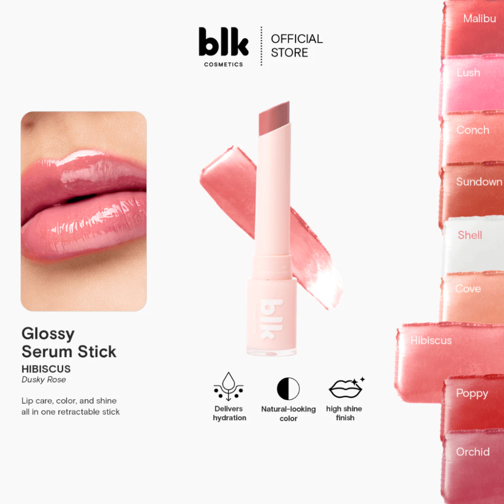 Promotional image of a glossy serum stick with product details and brand logo. blk cosmetics Glossy Serum Stick