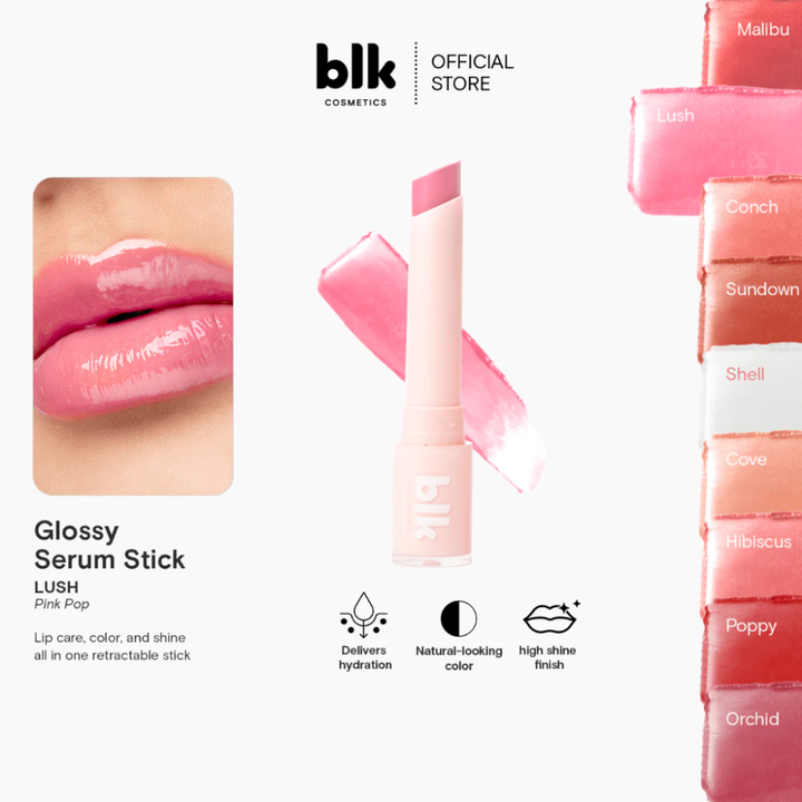 Glossy Serum Stick by blk cosmetics with product packaging and color options. blk cosmetics Glossy Serum Stick