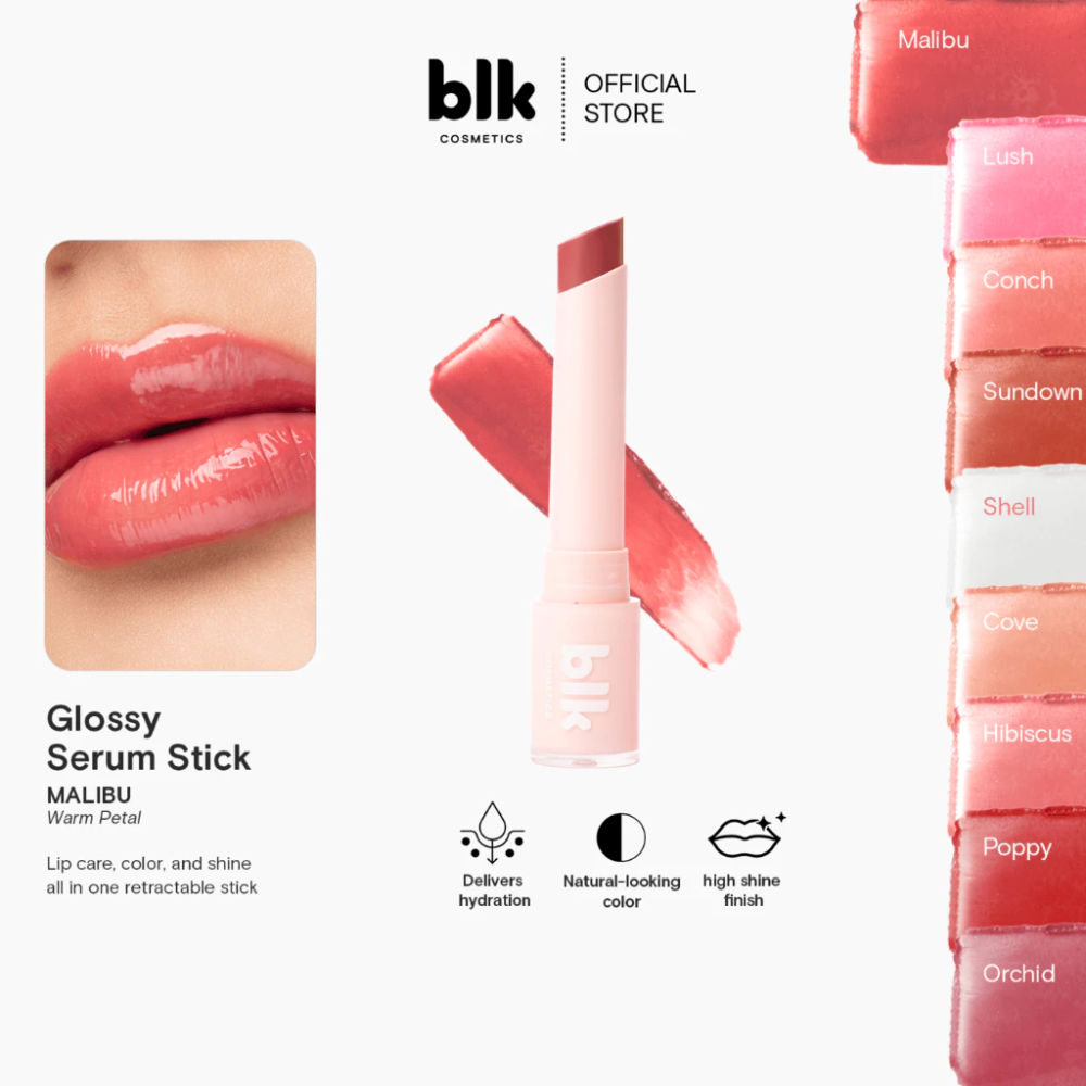 Promotional image of a glossy serum stick with brand logo and product details. blk cosmetics Glossy Serum Stick