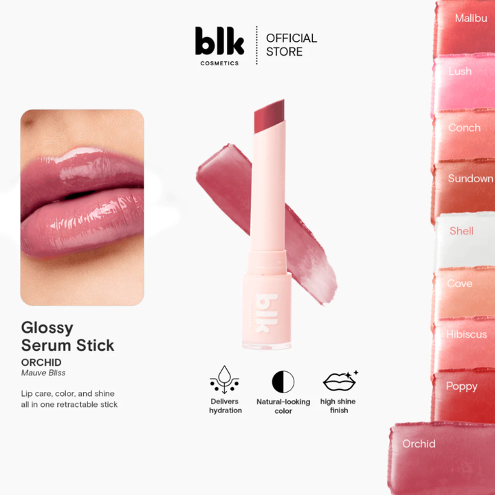Promotional image of a glossy serum stick with color options and brand logo. blk cosmetics Glossy Serum Stick