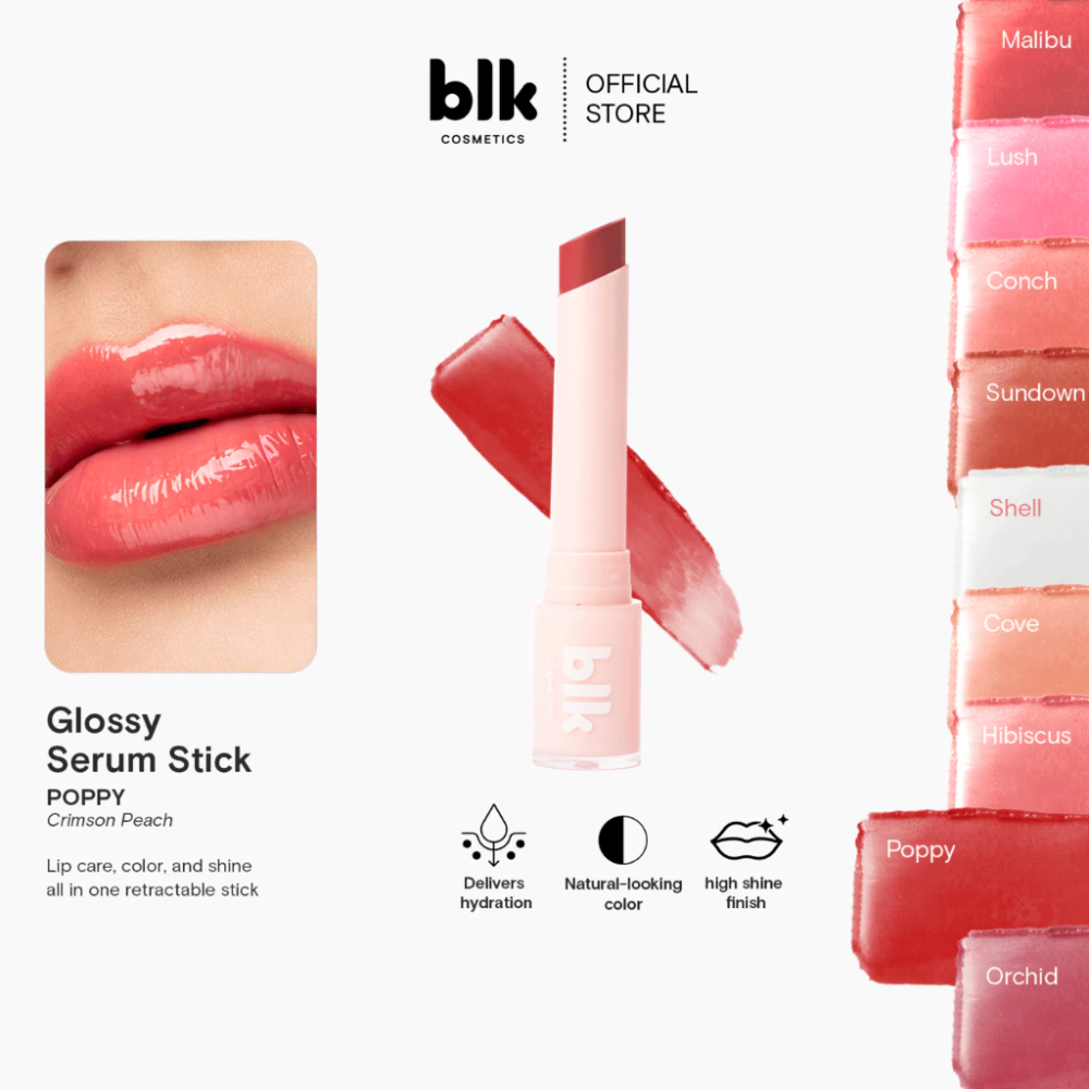 Promotional image of a glossy serum stick with brand logo and product details. blk cosmetics Glossy Serum Stick