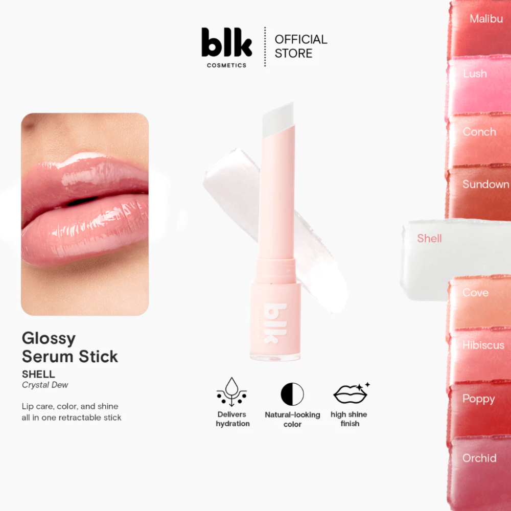 Promotional image of a glossy serum stick with product packaging and branding. blk cosmetics Glossy Serum Stick
