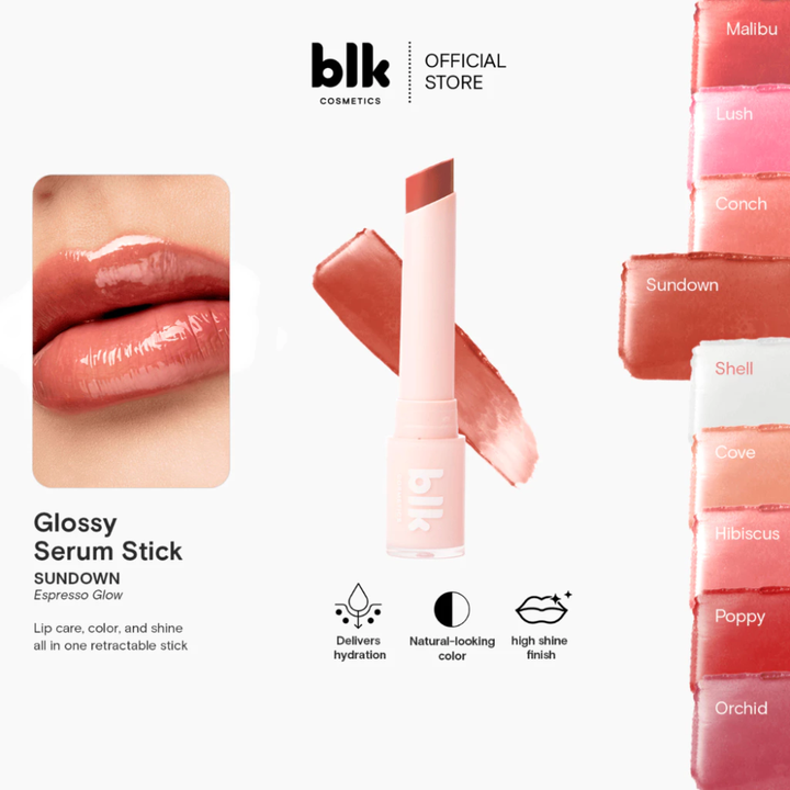 Promotional image of a glossy serum stick with packaging and color options, featuring the blk cosmetics brand. blk cosmetics Glossy Serum Stick