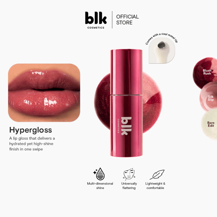 Red lip gloss with 'blk' branding on a white background Blk Cosmetics Hypergloss - Pearlescent Shine + Juicy Hydration