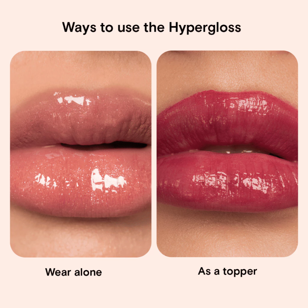 Two images of lips with lip gloss, one labeled 'Wear alone' and the other 'As a topper'. Blk Cosmetics Hypergloss - Pearlescent Shine + Juicy Hydration