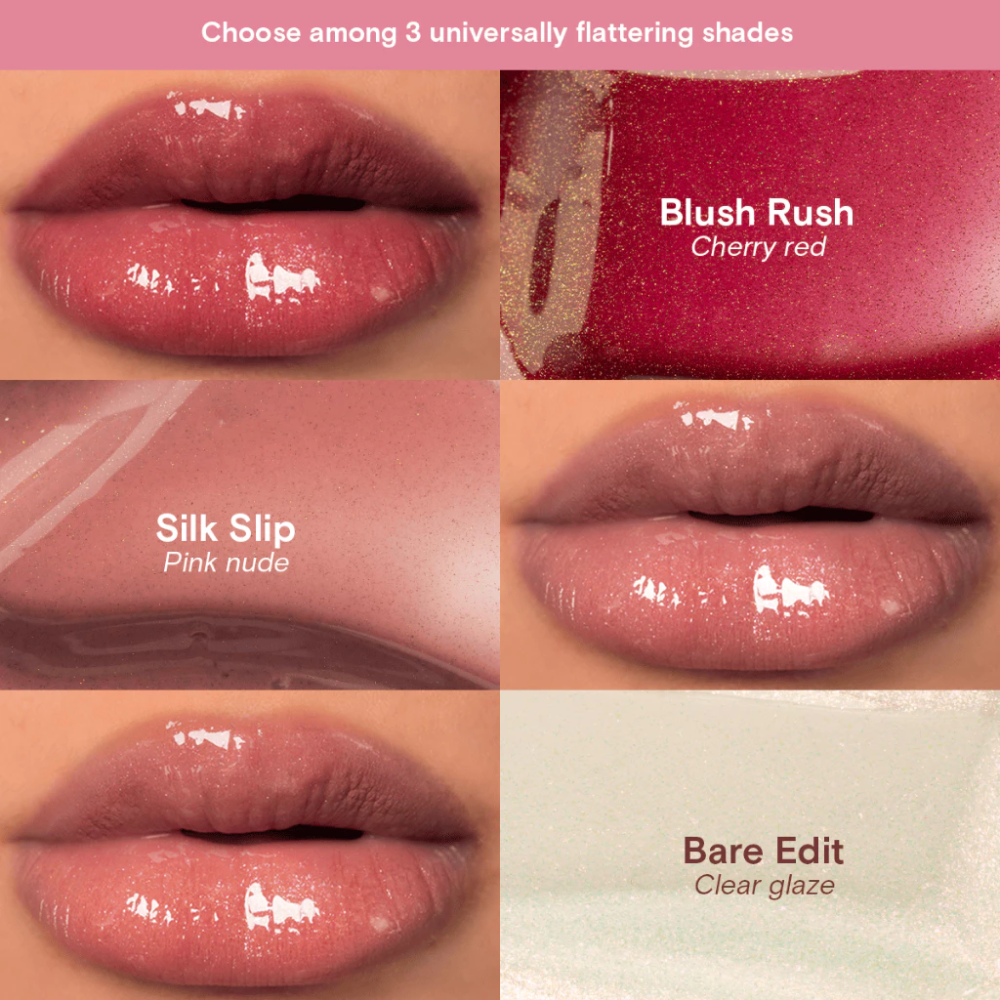 Lip color swatches with 'Blush Rush', 'Silk Slip', and 'Bare Edit' labels on a pink background. Blk Cosmetics Hypergloss - Pearlescent Shine + Juicy Hydration