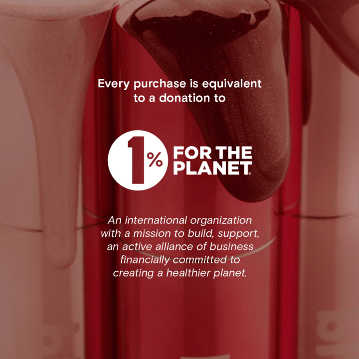 Red container with '1% for the Planet' logo and text about donations to an environmental organization.