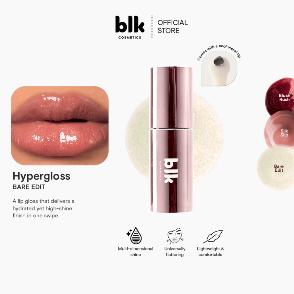 Lip gloss product with 'blk' branding and features on a white background Blk Cosmetics Hypergloss - Pearlescent Shine + Juicy Hydration
