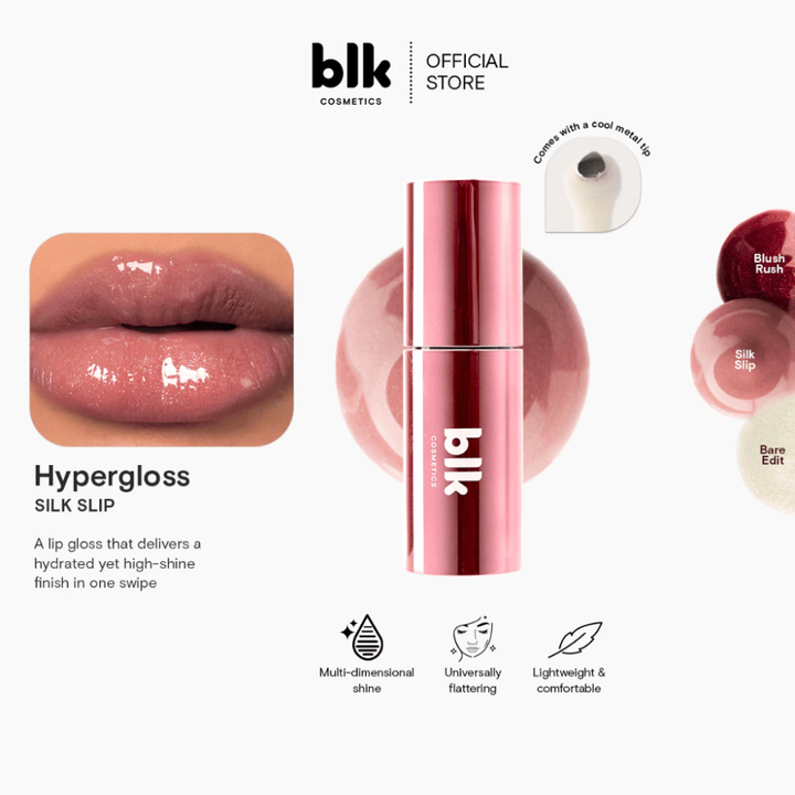 Lip gloss product with 'blk' branding and features on a white background Blk Cosmetics Hypergloss - Pearlescent Shine + Juicy Hydration