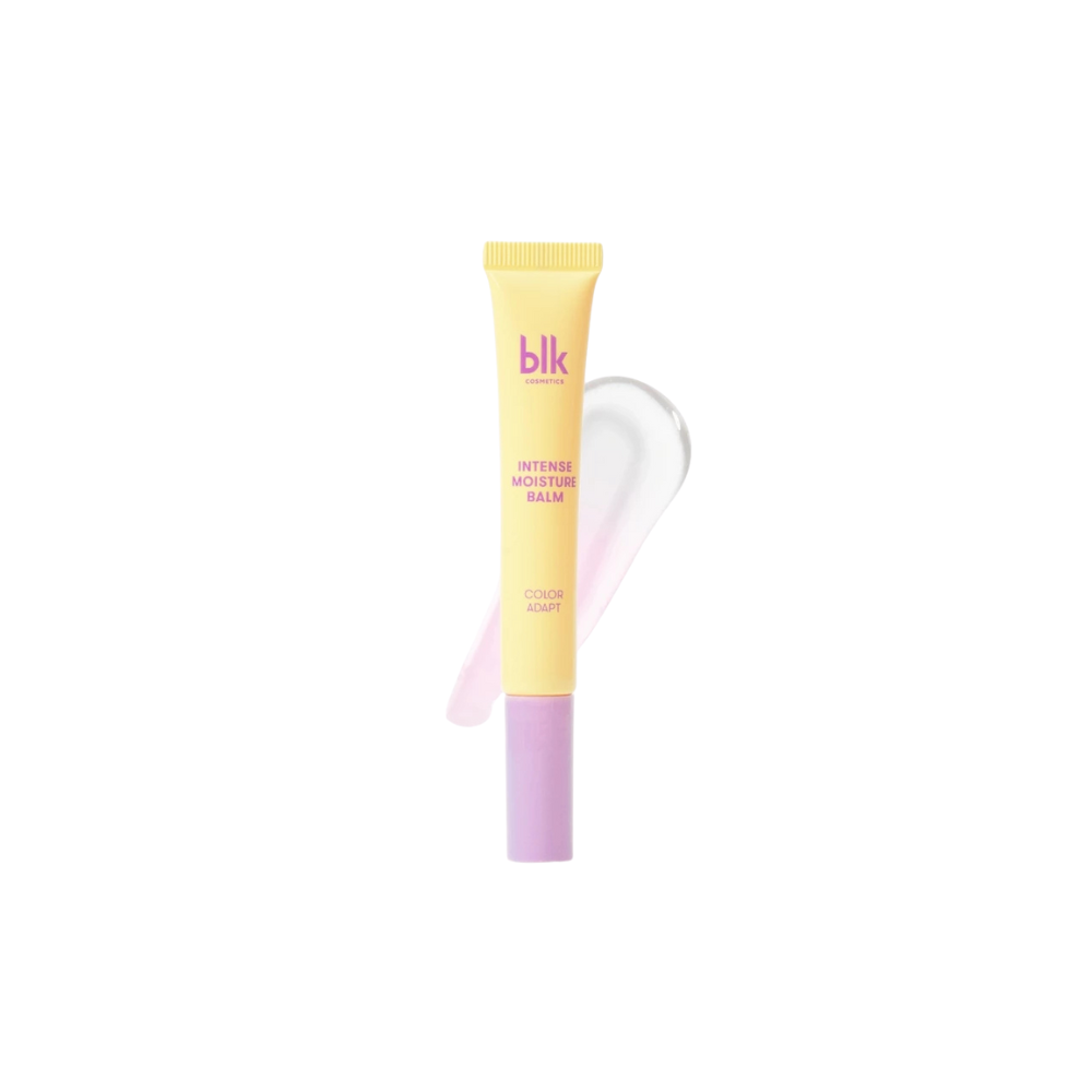Yellow and purple lip balm with 'blk' branding on a white background Blk Cosmetics Color Adapting Intense Moisture Lip Balm