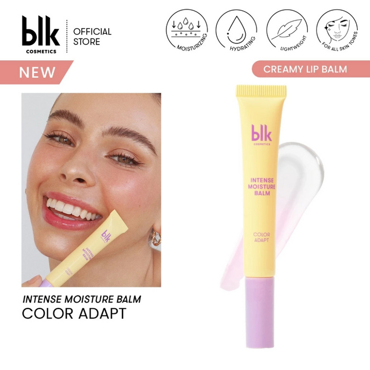 Blk Cosmetics balm with a woman applying it on her face, on a white background. Blk Cosmetics Color Adapting Intense Moisture Lip Balm