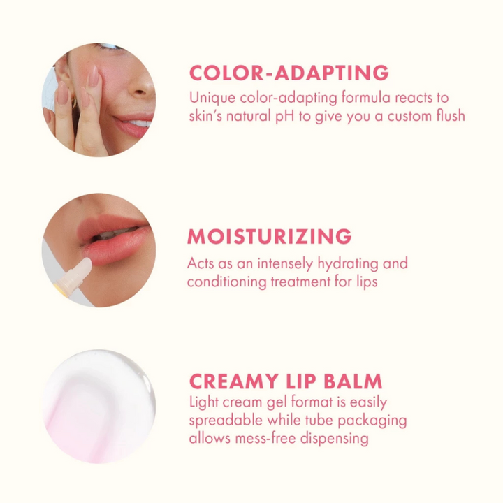Lip balm product with color-adapting, moisturizing, and creamy texture features on a white background. Blk Cosmetics Color Adapting Intense Moisture Lip Balm