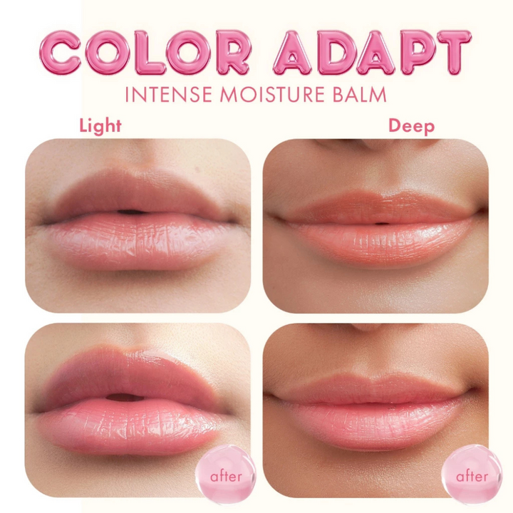 Lip balm color adapt comparison with 'Light' and 'Deep' shades on lips. Blk Cosmetics Color Adapting Intense Moisture Lip Balm