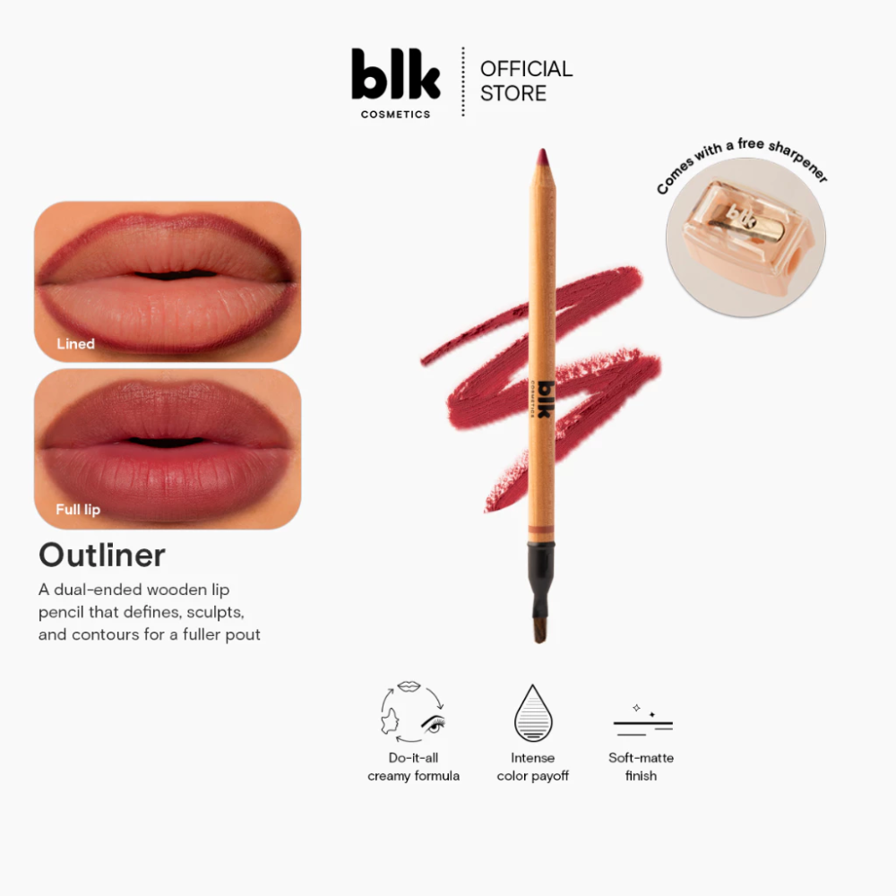 Lip liner pencil with application examples and product details on a white background Blk Cosmetics Outliner - All-in-one Liner (comes with Outliner Sharpener) 