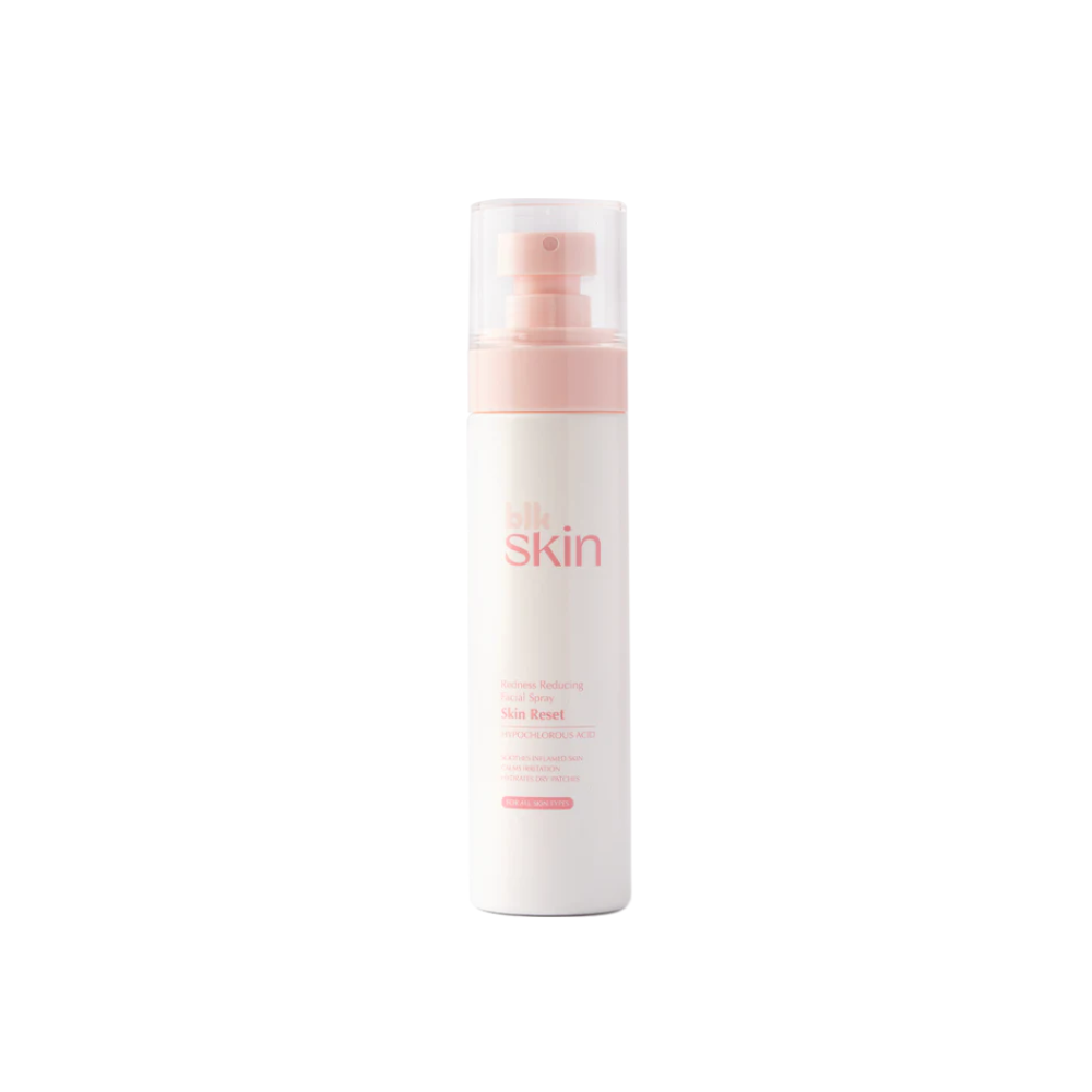 Skincare bottle with pink cap and white body on a white background blk skin Skin Reset - Hypochlorous Acid Redness Reducing Facial Spray
