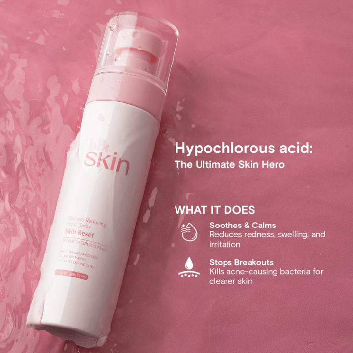Skincare product with text on a pink background blk skin Skin Reset - Hypochlorous Acid Redness Reducing Facial Spray
