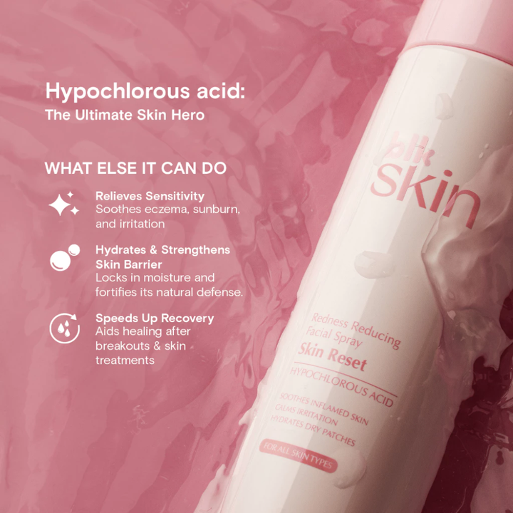 Skincare product with text about hypochlorous acid on a pink background blk skin Skin Reset - Hypochlorous Acid Redness Reducing Facial Spray