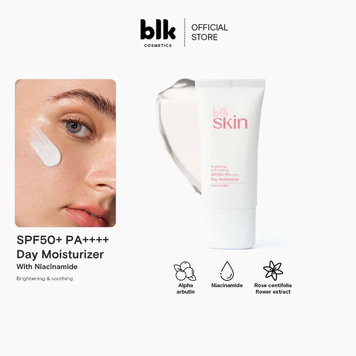 SPF50+ PA++++ Day Moisturizer packaging with a woman's face applying cream, featuring blk cosmetics. Blk Skin Brightening & Soothing SPF50+ PA+++ Day Moisturizer + Niacinamide Blk Cosmetics