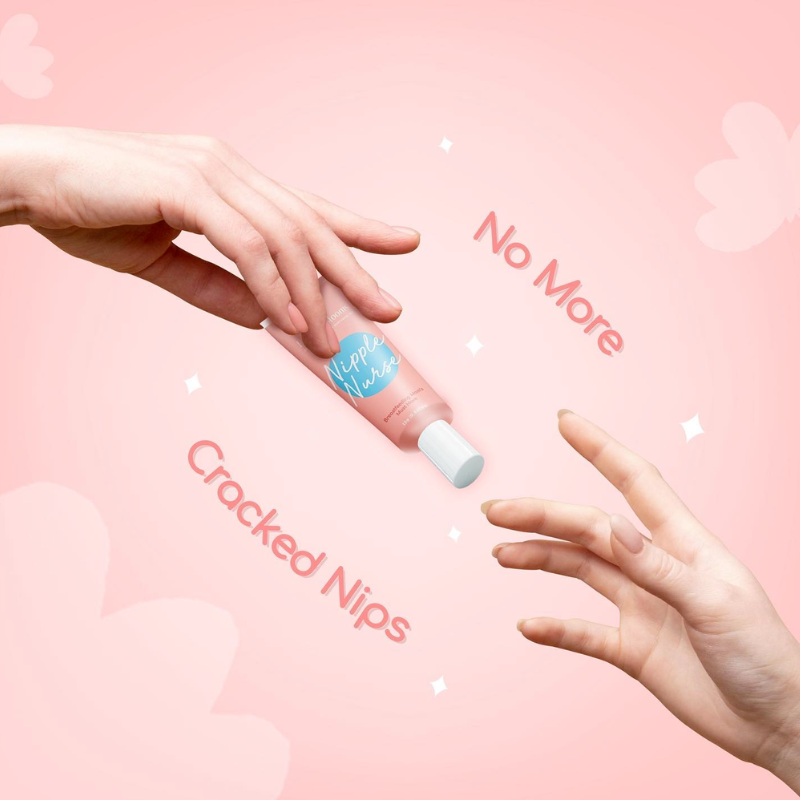 Hands holding Nipple Nurse tube by Tiny Buds with pink background and text "No More Cracked Nips