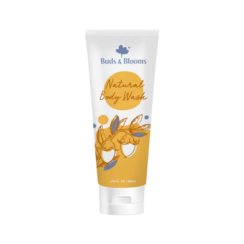 Natural Body Wash by Tiny Buds in white and mustard tube with floral illustration and blue accents on white background