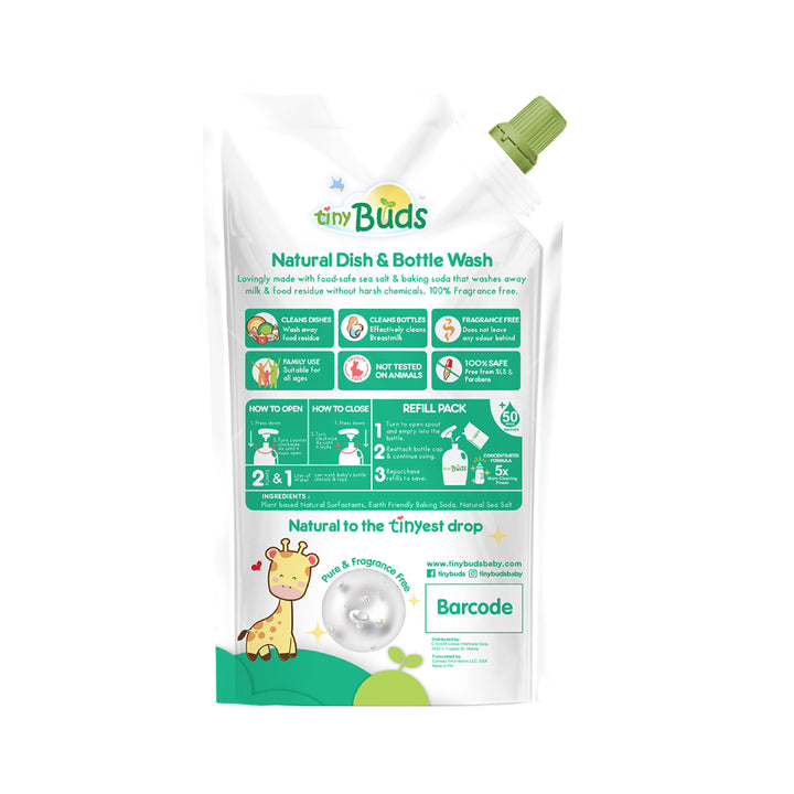 Natural Baby Bottle & Dish Wash - Fragrance-Free refill pack by Tiny Buds with food-safe sea salt and baking soda formula