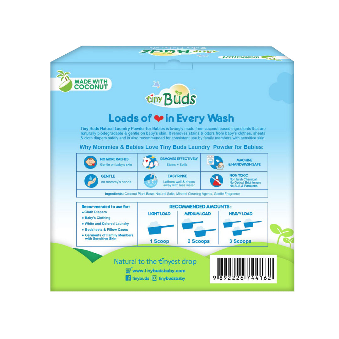 Back view of Tiny Buds Natural Laundry Powder box showing product details and recommended usage instructions