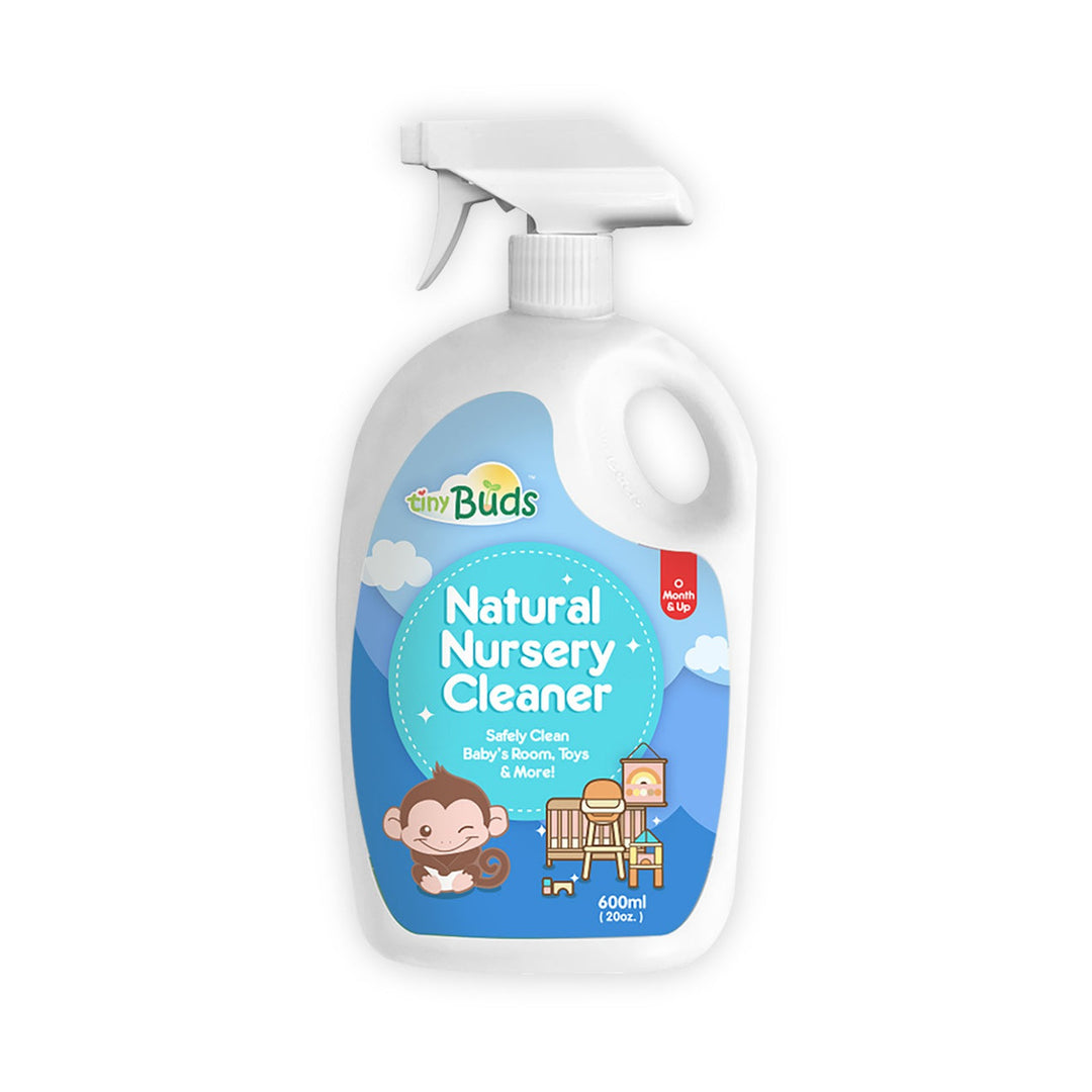 Natural Nursery Cleaner by Tiny Buds in white spray bottle for safely cleaning baby’s room and toys
