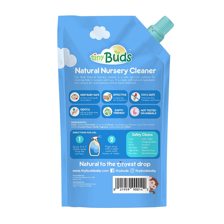 Back of Natural Nursery Cleaner pouch by Tiny Buds showing product details and usage instructions