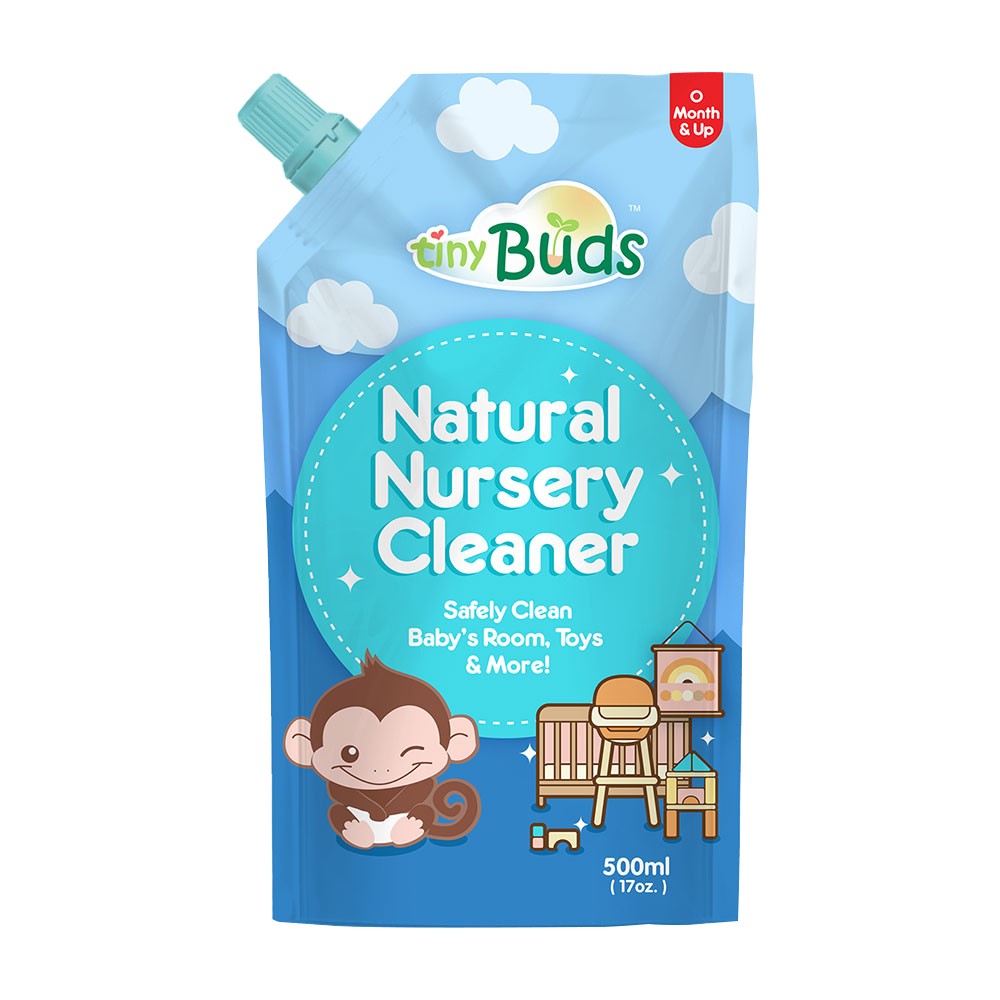 Natural Nursery Cleaner by Tiny Buds in blue pouch with baby room and toy illustrations for safe cleaning