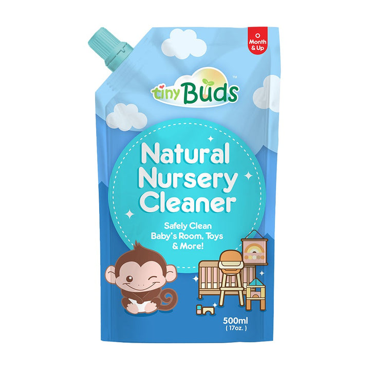 Natural Nursery Cleaner by Tiny Buds in blue pouch with baby room and toy illustrations for safe cleaning